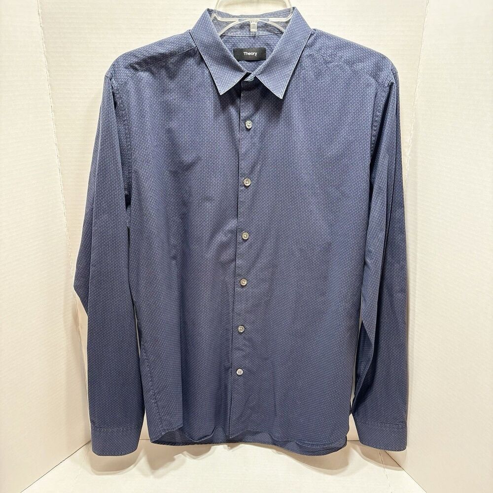 Theory Zack Bayliss Print 2 Mens Blue Micro Geometric Long Sleeve Shirt Size M